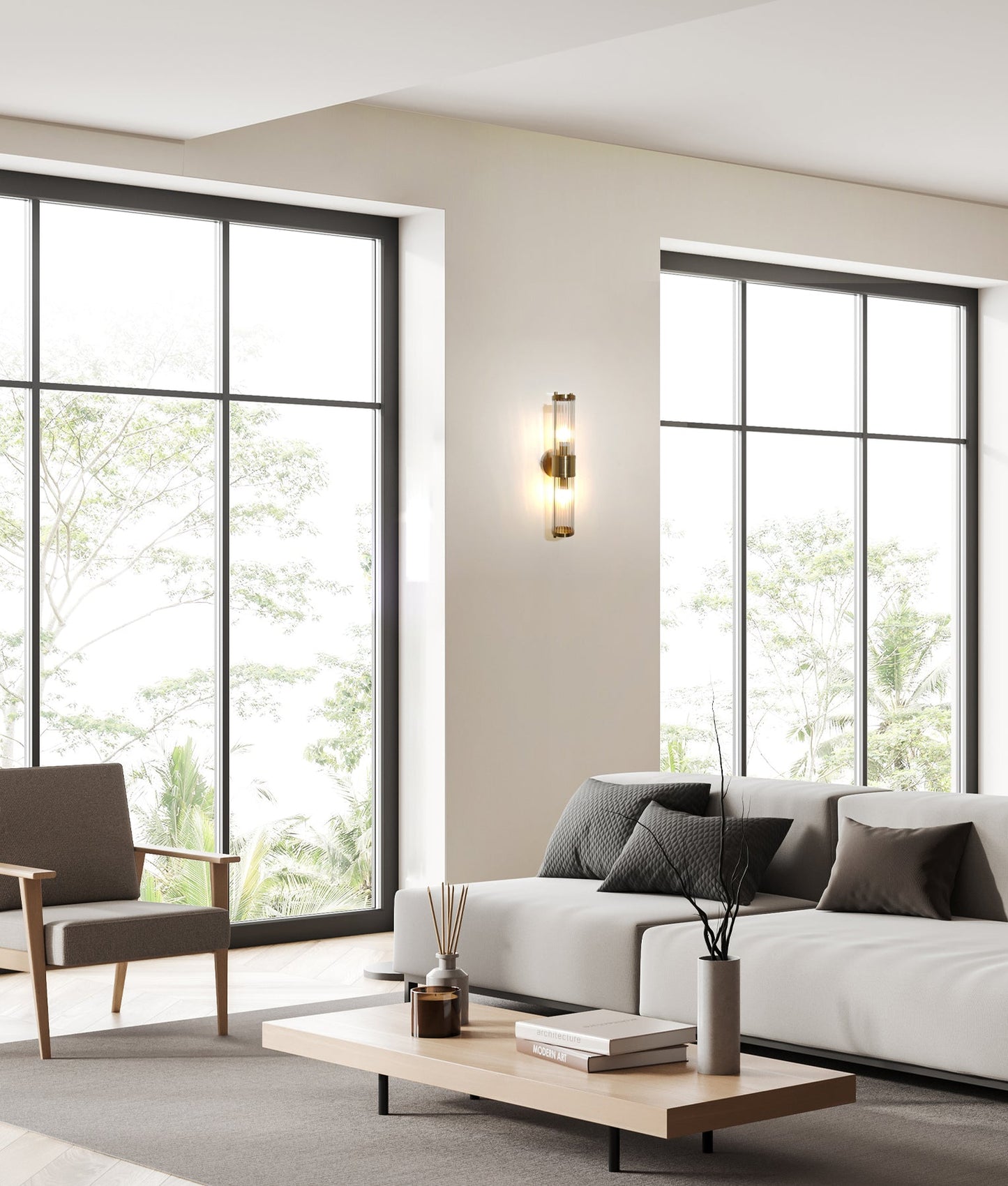Interior Up/Down Tubular Clear Glass Wall Lights - Antique Brass