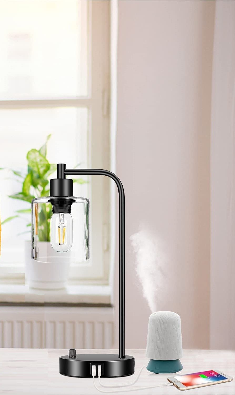 Industrial Table Lamps with Dual USB Ports for Bedside or Desk (2x Pack)