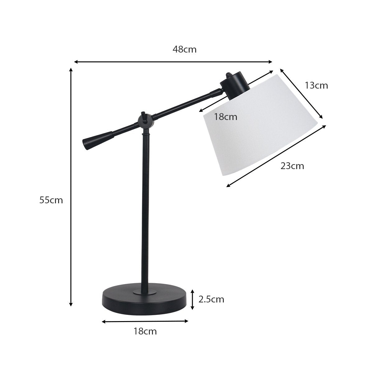 Adjustable Black Metal Desk Lamp with White Fabric Shade