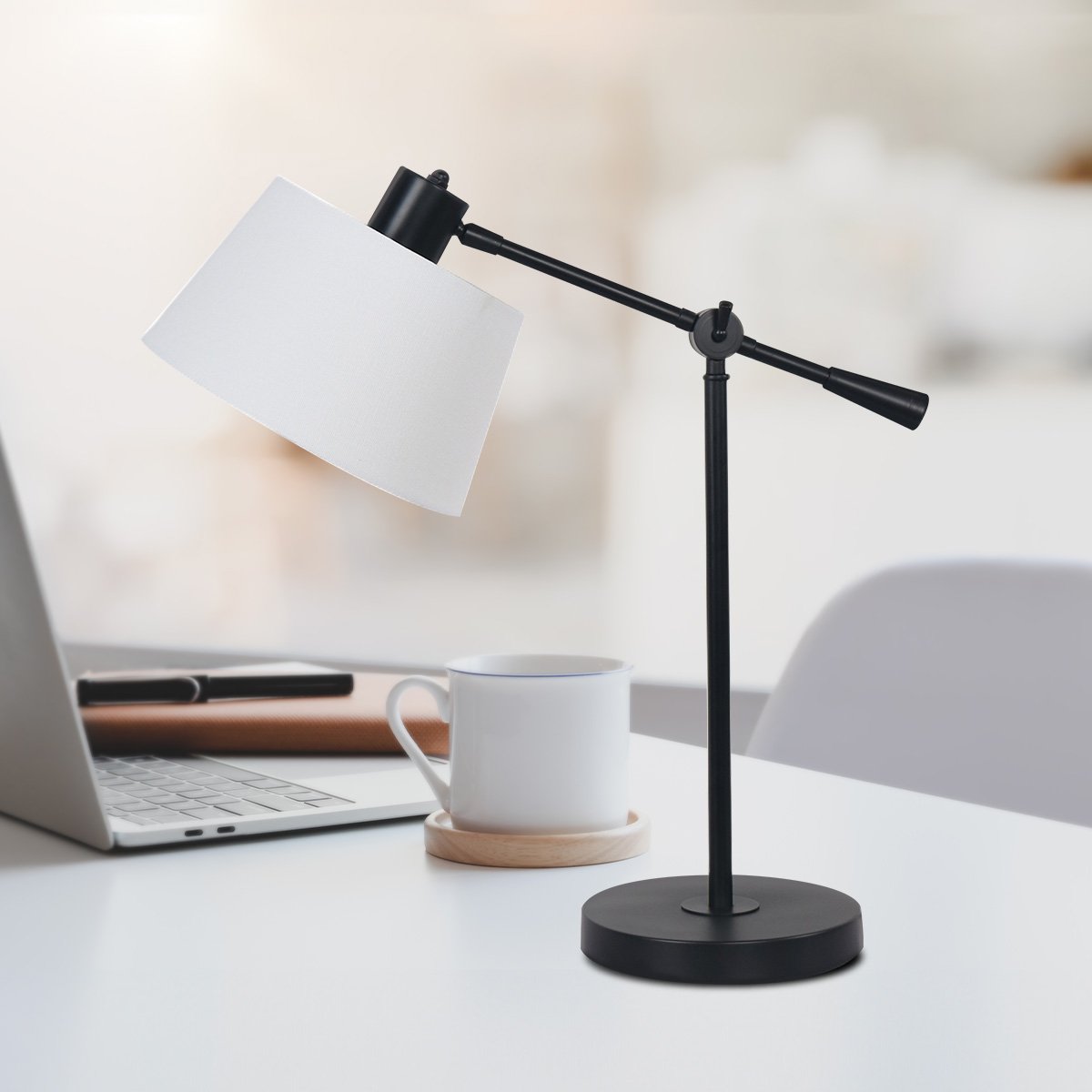 Adjustable Black Metal Desk Lamp with White Fabric Shade