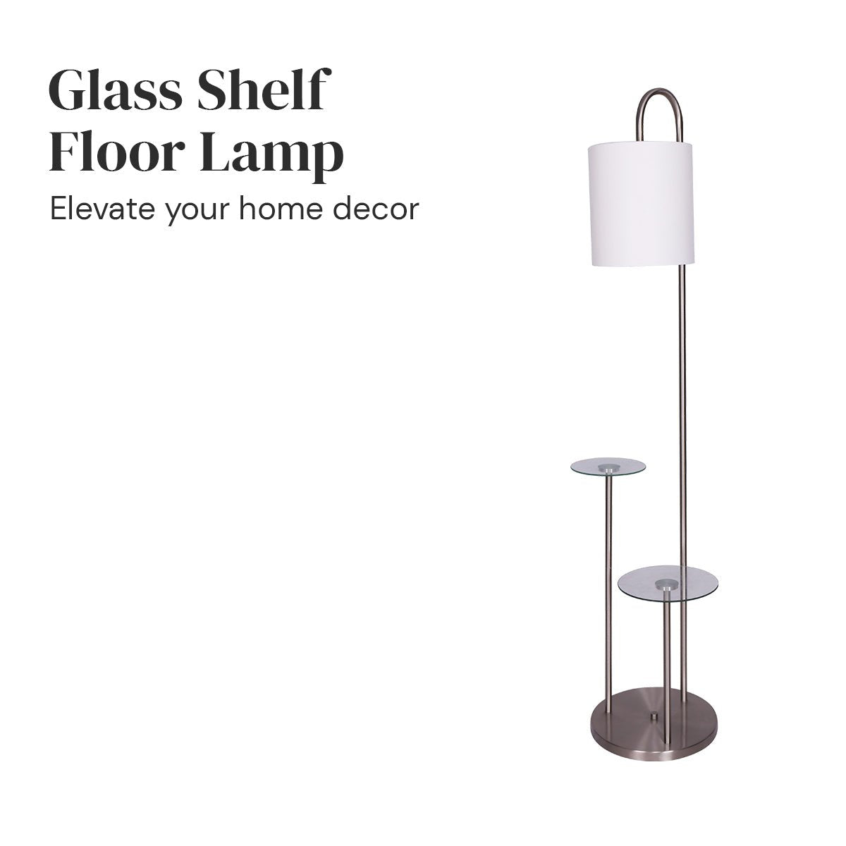 Modern Brushed Metal Floor Lamp with Dual Glass Shelves