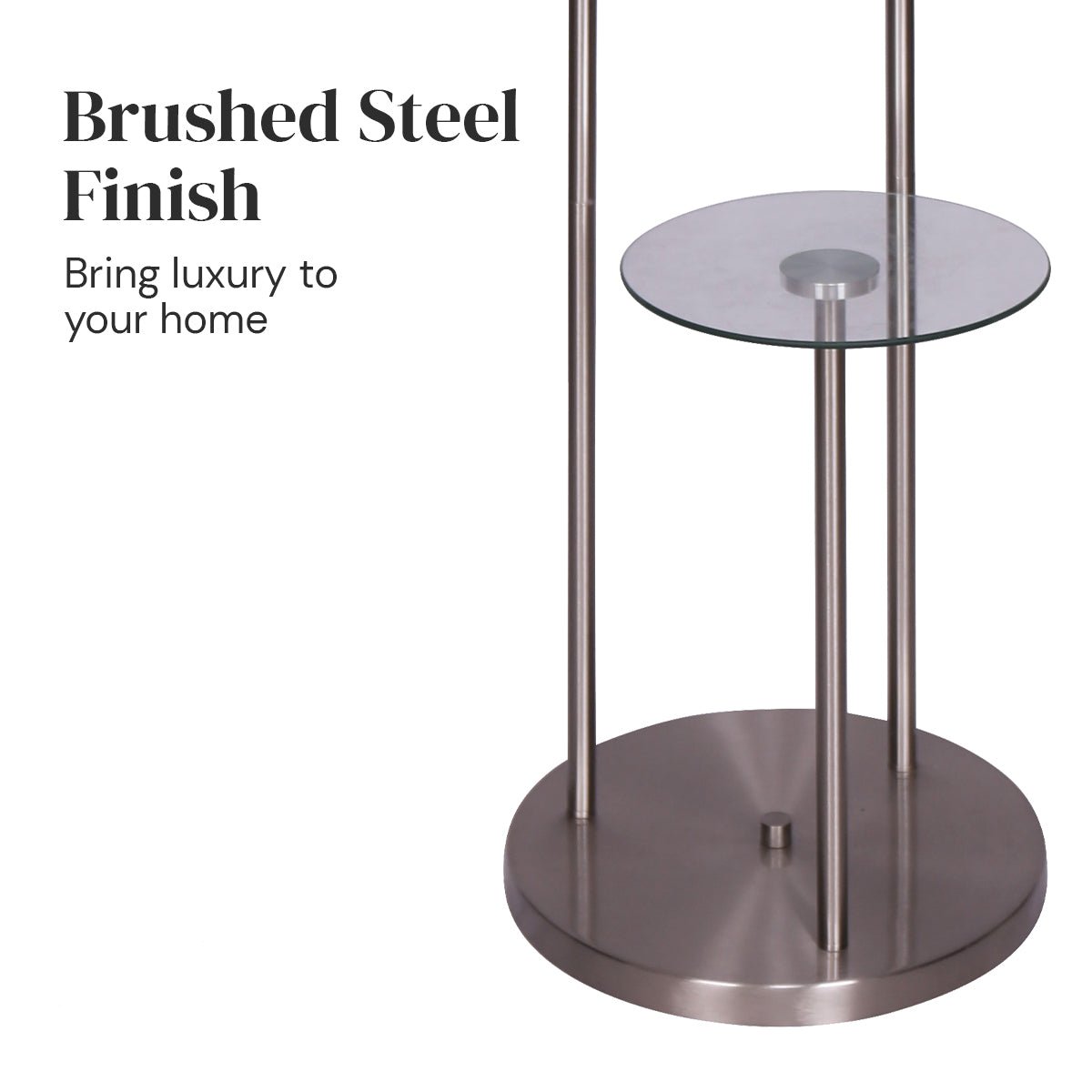 Modern Brushed Metal Floor Lamp with Dual Glass Shelves