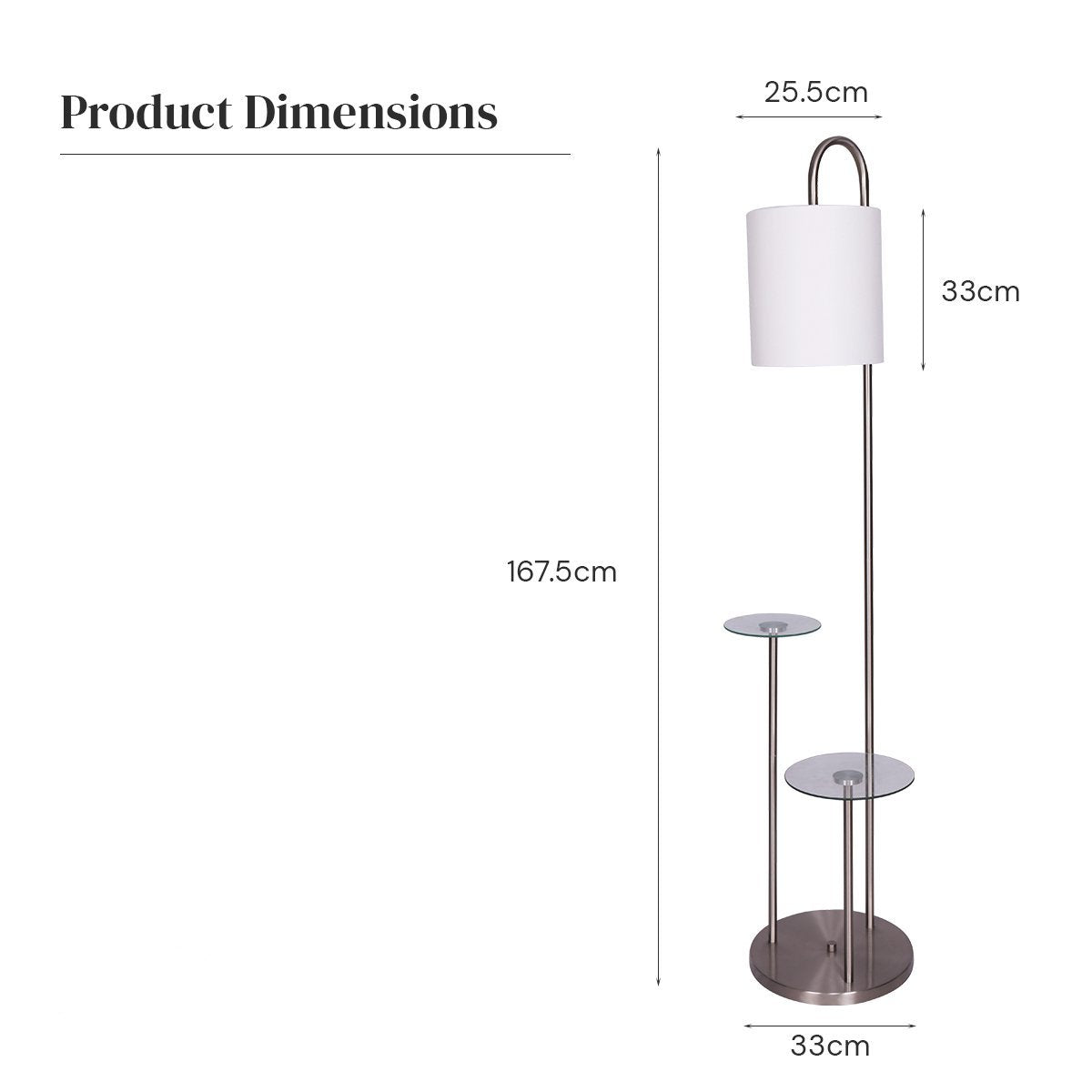 Modern Brushed Metal Floor Lamp with Dual Glass Shelves