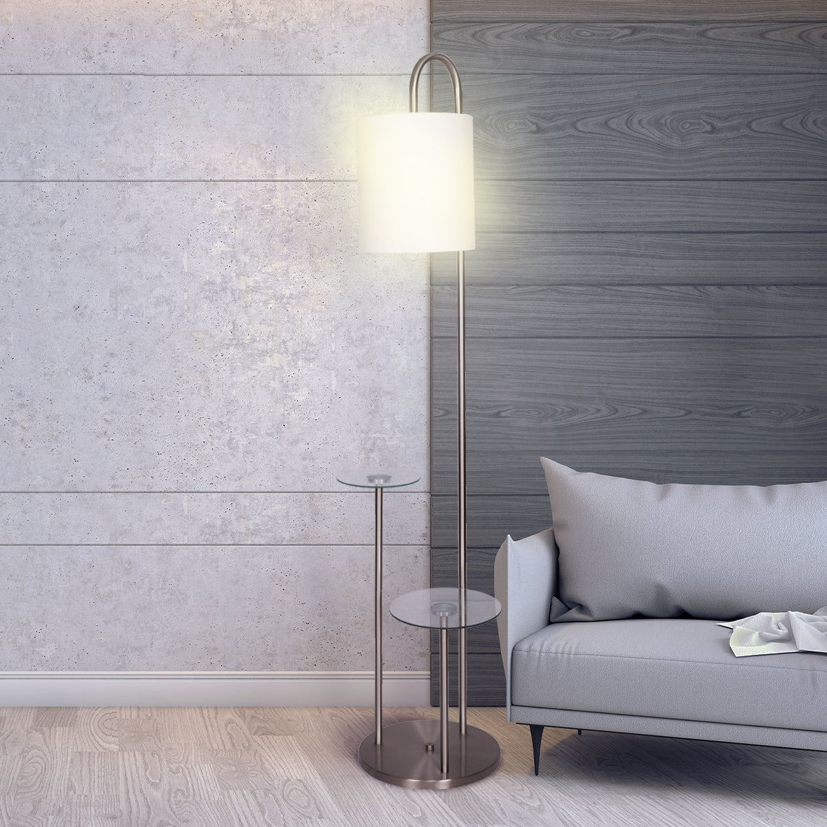 Modern Brushed Metal Floor Lamp with Dual Glass Shelves