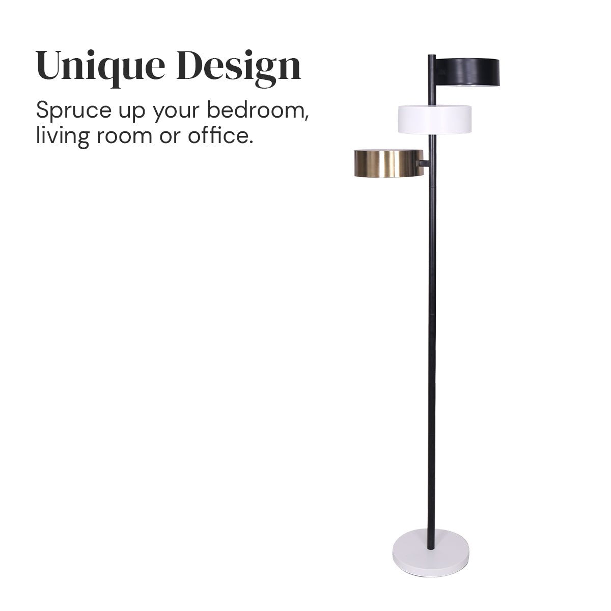 Modern Floor Lamp with Triple Swirl Metal Shades - Black, White, and Gold
