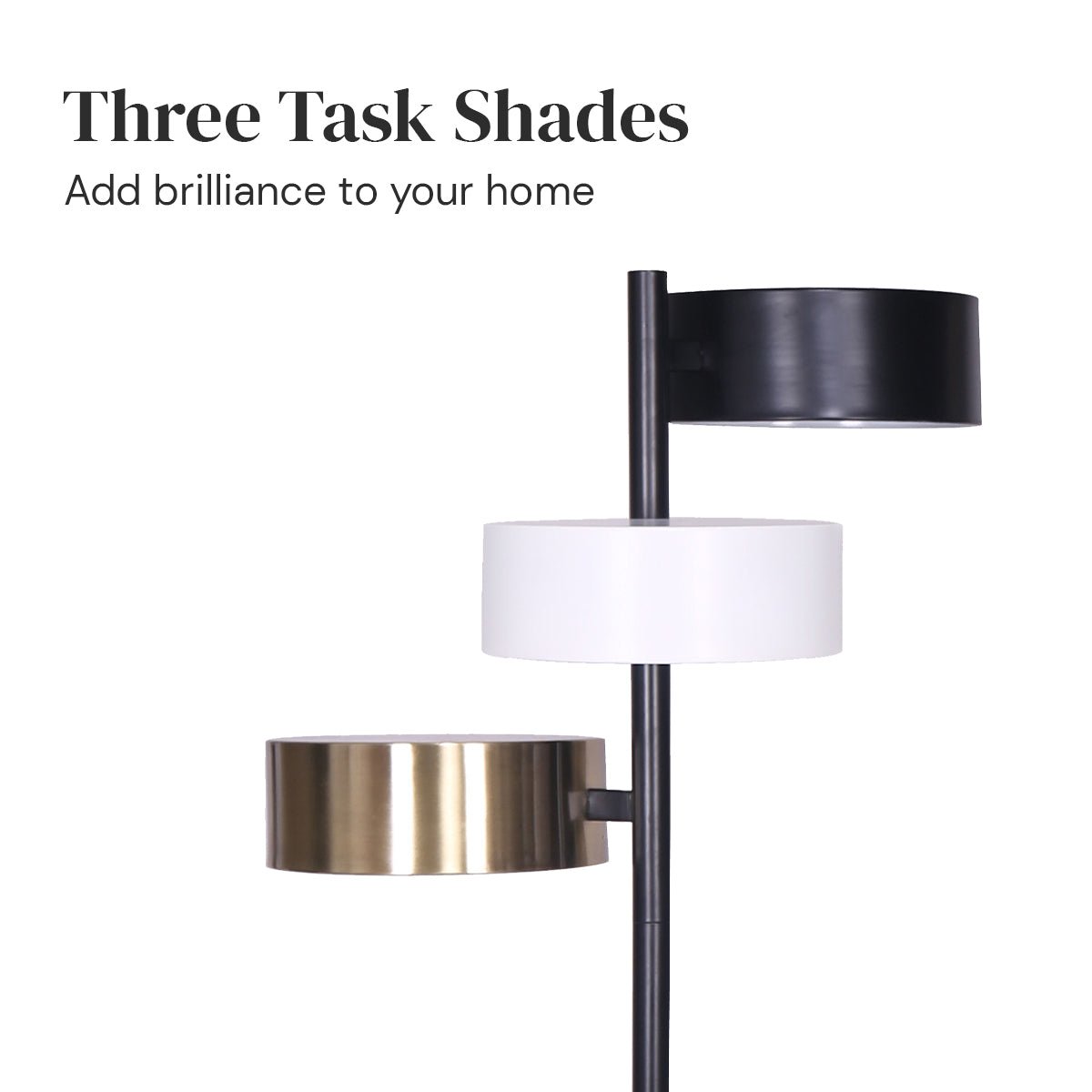 Modern Floor Lamp with Triple Swirl Metal Shades - Black, White, and Gold