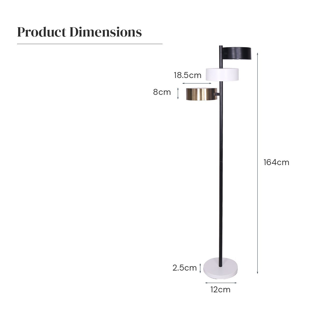 Modern Floor Lamp with Triple Swirl Metal Shades - Black, White, and Gold