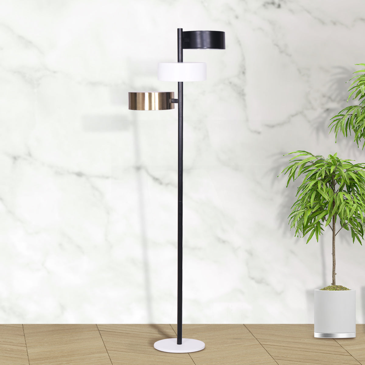 Modern Floor Lamp with Triple Swirl Metal Shades - Black, White, and Gold