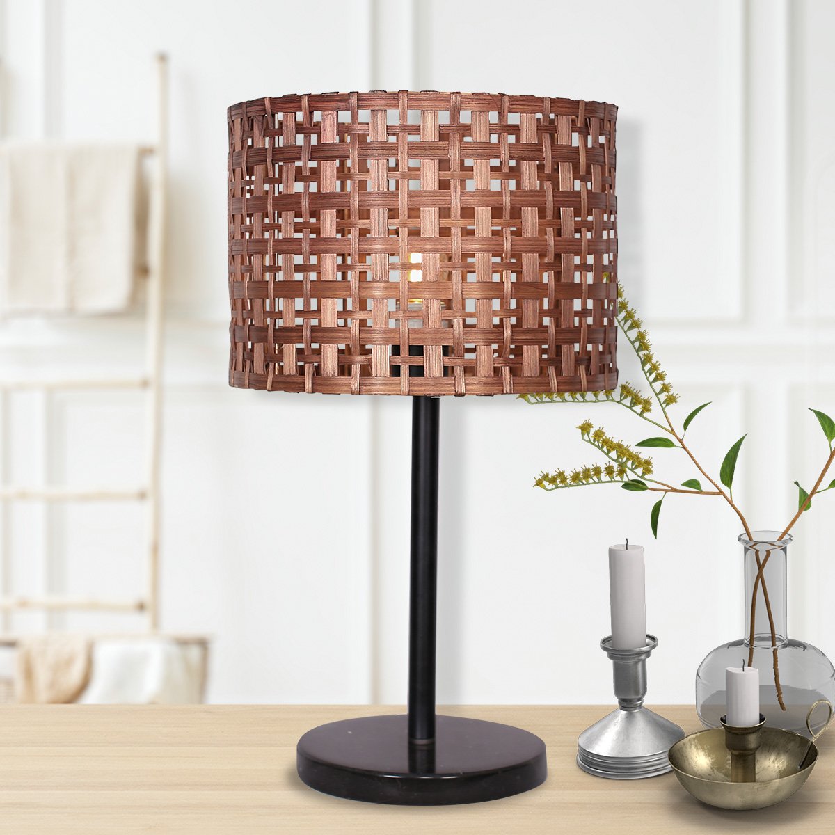 Woven Wood Desk Lamp with Black Marble Base