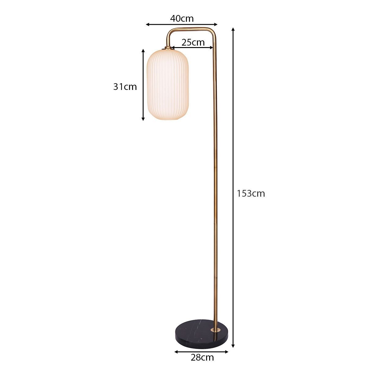 Brass Metal Floor Lamp with Opal Glass Shade and Black Marble Base