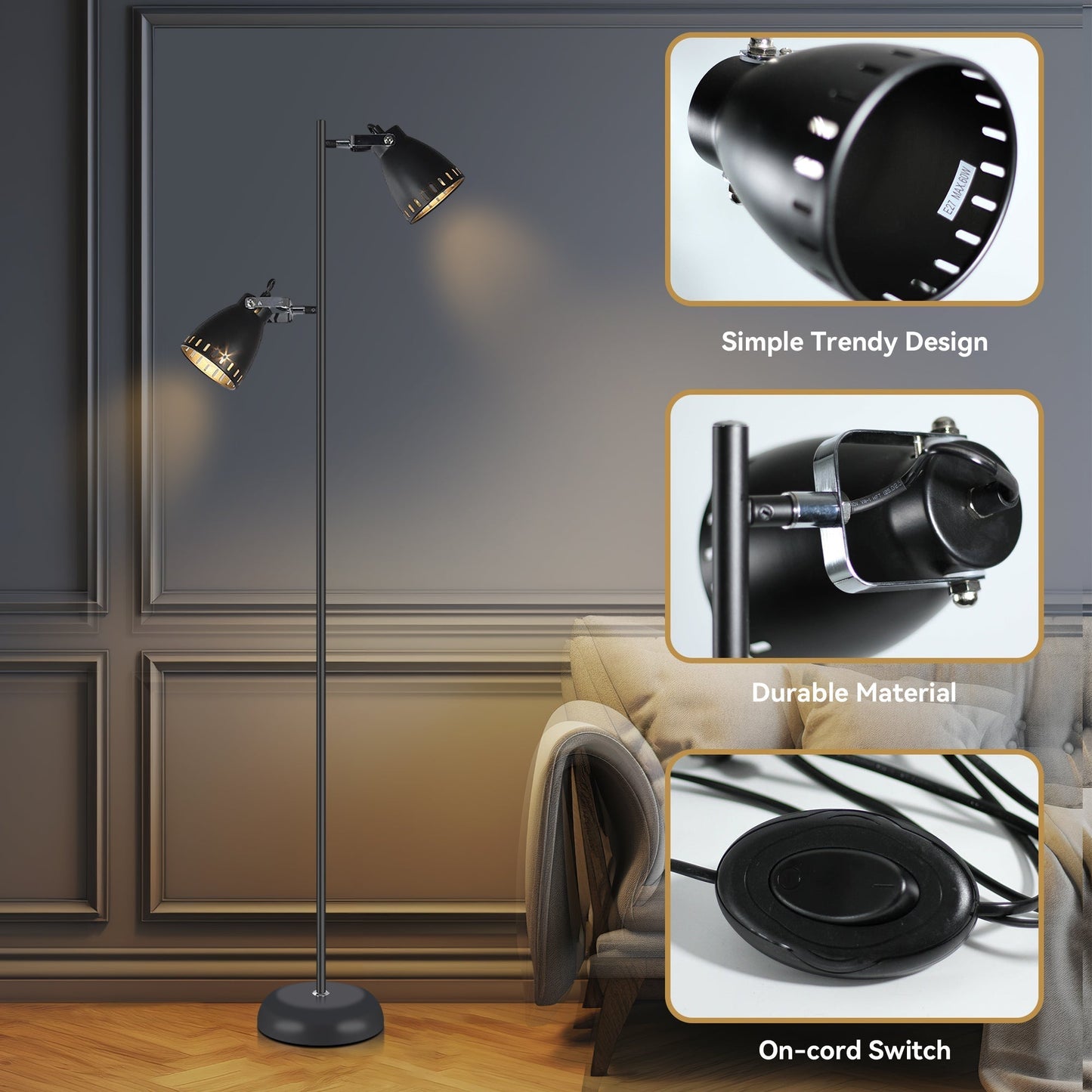 Dual-Headed Adjustable LED Floor Lamp - Black