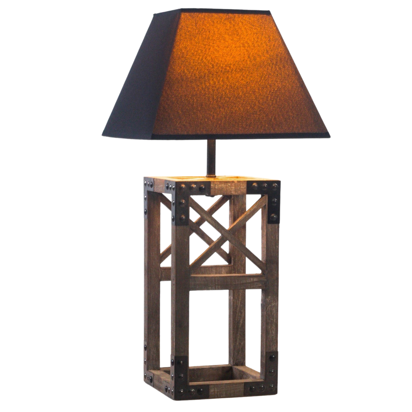 Rustic Wood Table Lamp with Metal Accents and Black Square Shade