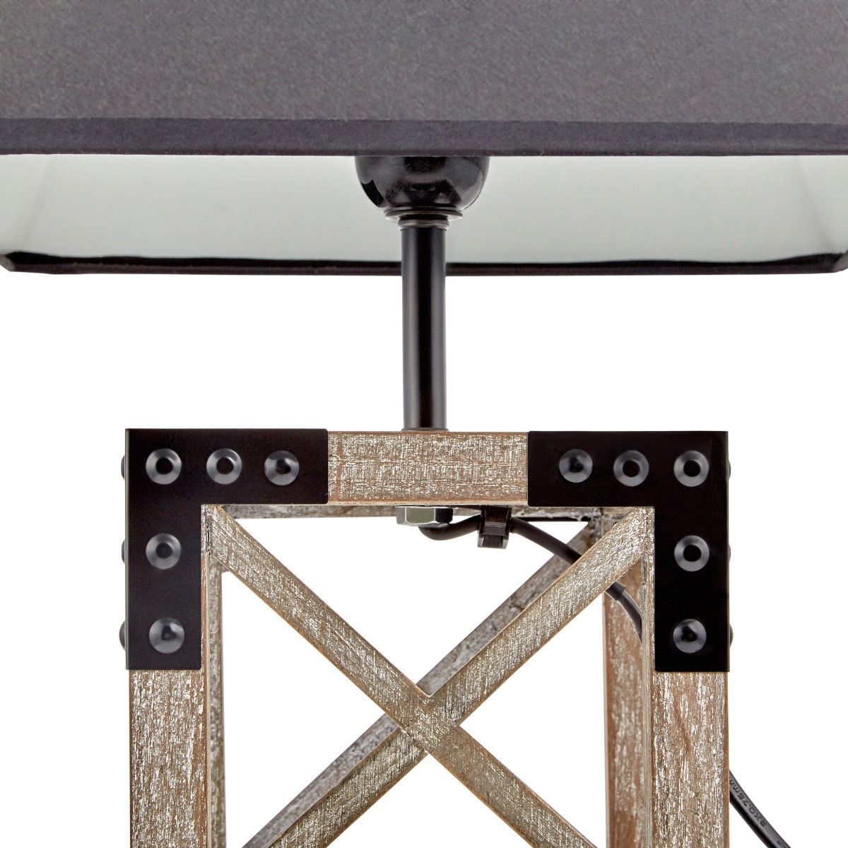 Rustic Wood Table Lamp with Metal Accents and Black Square Shade