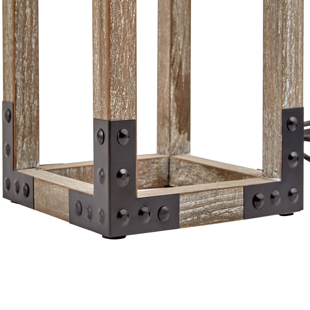 Rustic Wood Table Lamp with Metal Accents and Black Square Shade