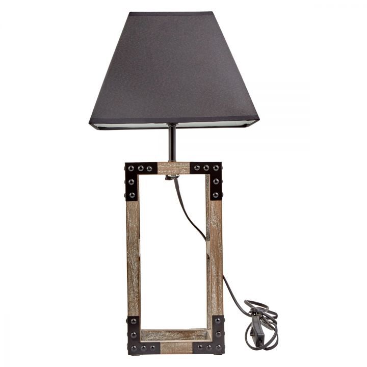 Rustic Wood Table Lamp with Metal Accents and Black Square Shade