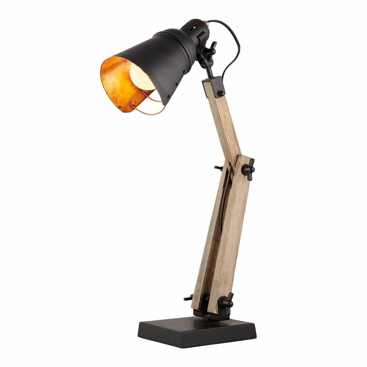 Industrial Adjustable Desk Lamp with Wood Arm and Black Metal Shade