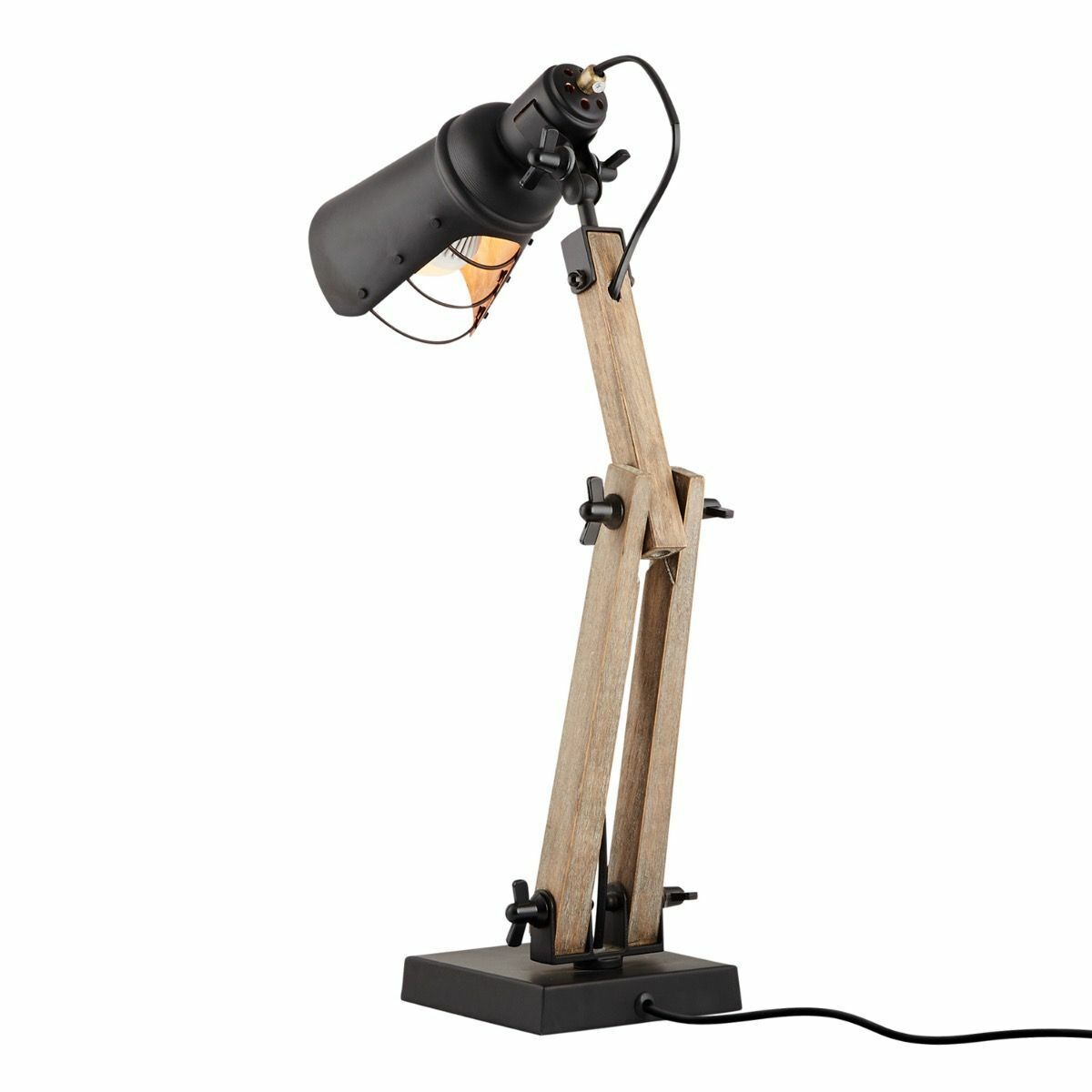 Industrial Adjustable Desk Lamp with Wood Arm and Black Metal Shade