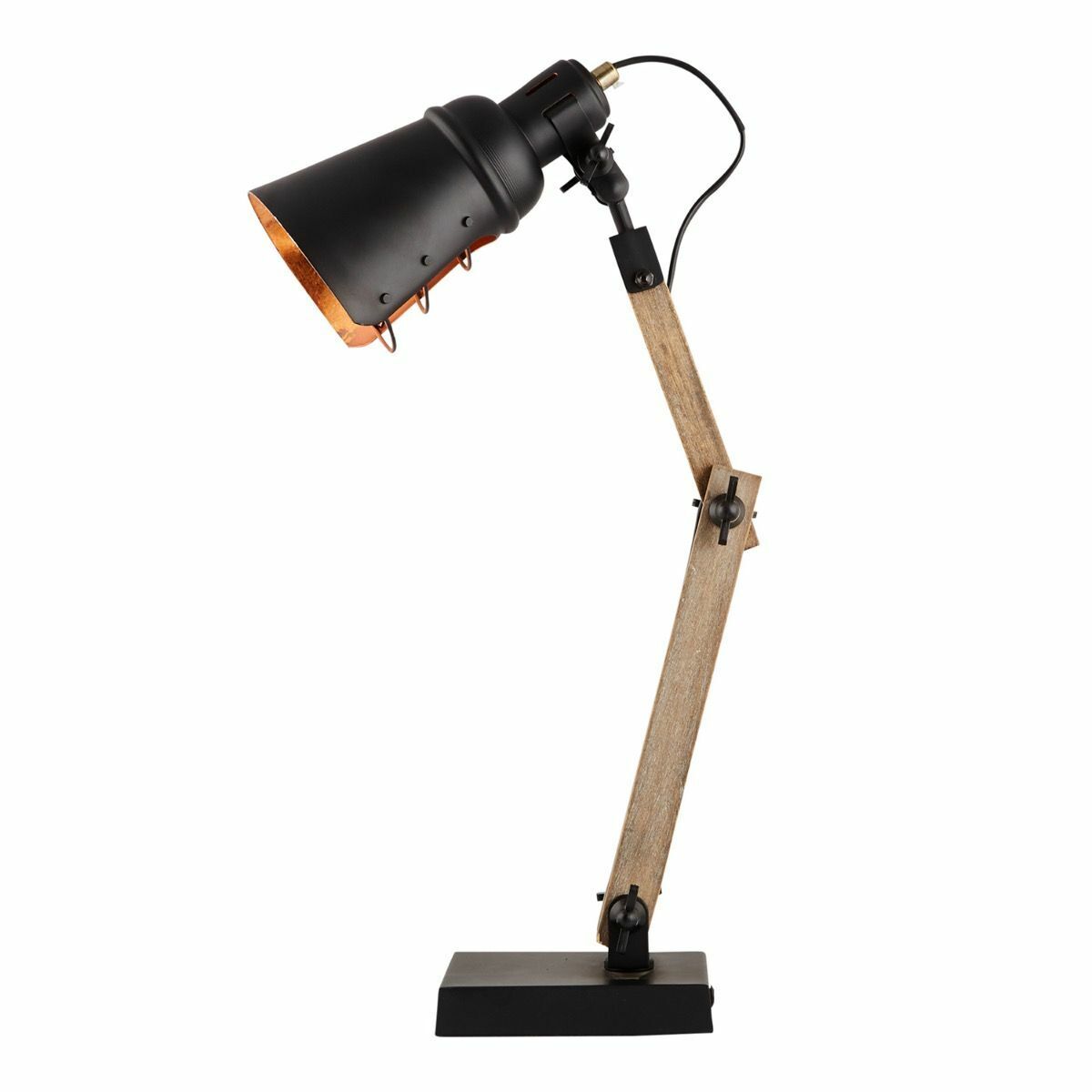Industrial Adjustable Desk Lamp with Wood Arm and Black Metal Shade