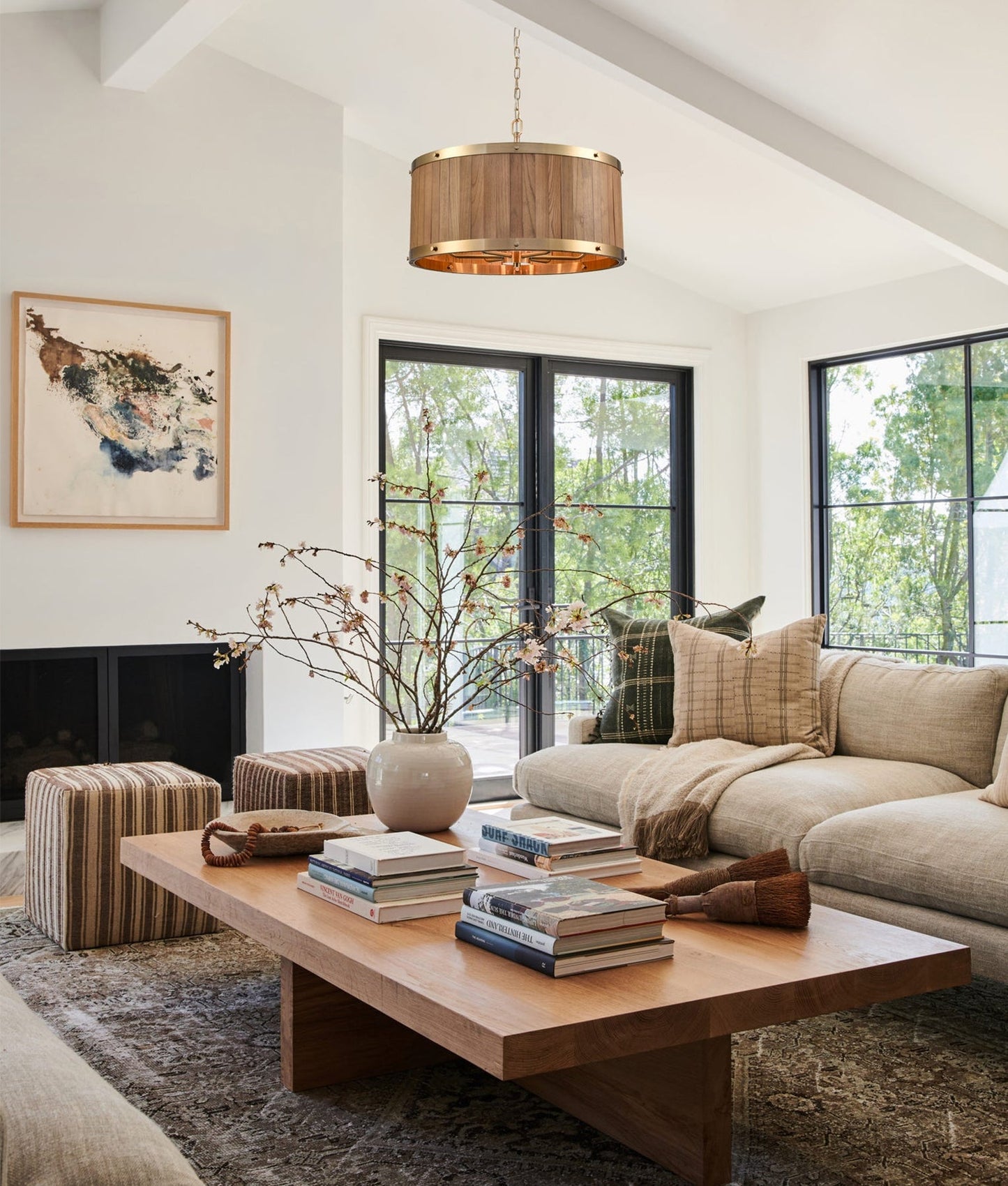 Retro Large Drum Wood Pendant Light - Gold