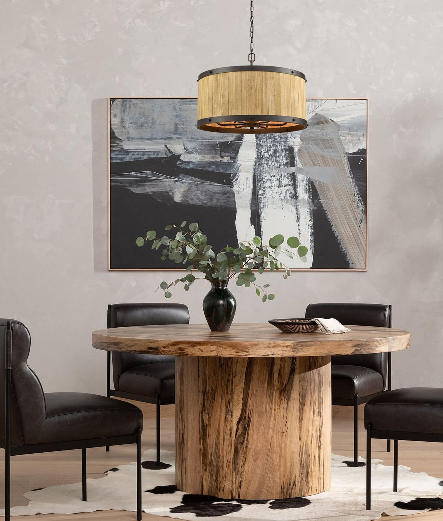 Retro Large Drum Wood Pendant Light - Black