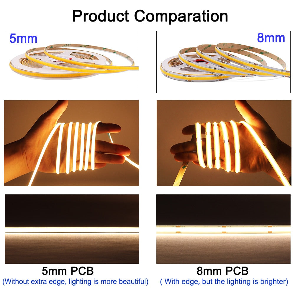 COB LED Strip 12V Flexible 5mm 8mm Width Warm White