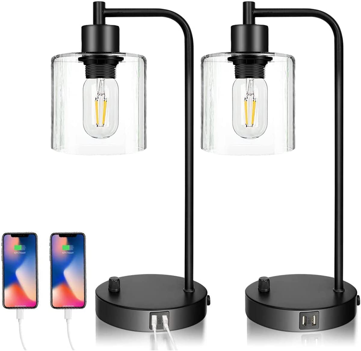 Industrial Table Lamps with Dual USB Ports for Bedside or Desk (2x Pack)