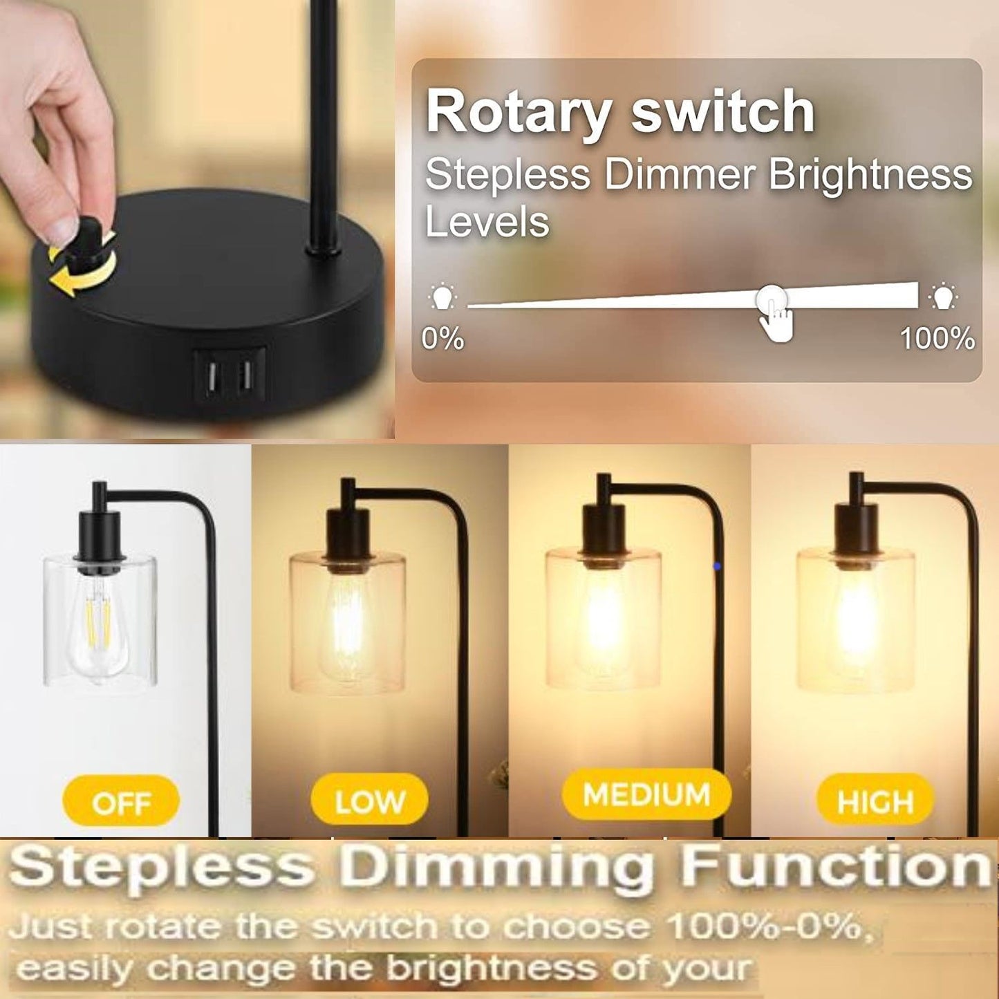 Industrial Table Lamps with Dual USB Ports for Bedside or Desk (2x Pack)