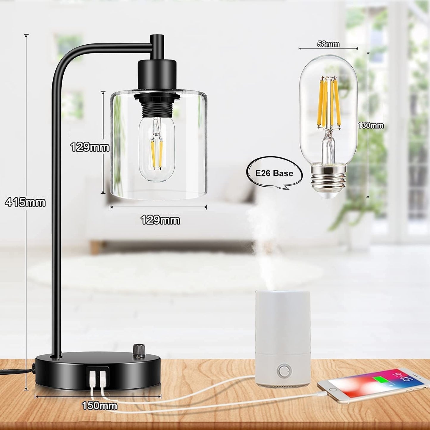 Industrial Table Lamps with Dual USB Ports for Bedside or Desk (2x Pack)