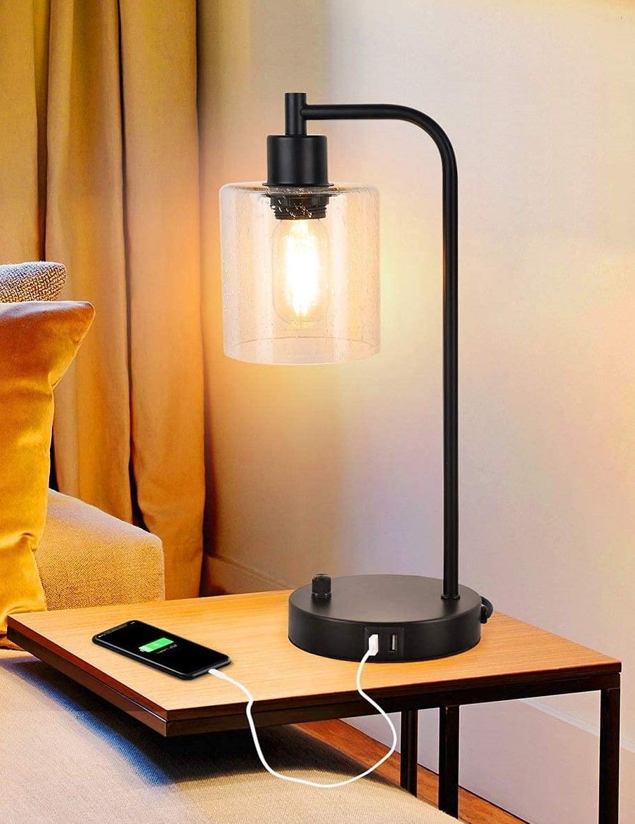 Industrial Table Lamps with Dual USB Ports for Bedside or Desk (2x Pack)