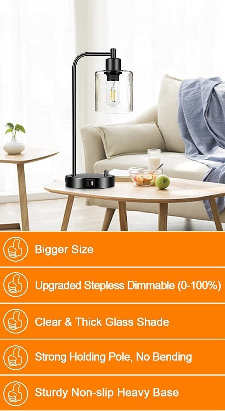 Industrial Table Lamps with Dual USB Ports for Bedside or Desk (2x Pack)