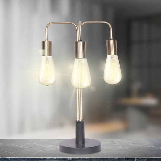 Triple Exposed Bulb Industrial Table Lamp with Brass Accents