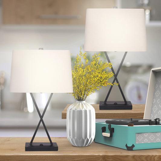 Metal X-Stand Table Lamps with Rectangular Fabric Shade (Set of 2)