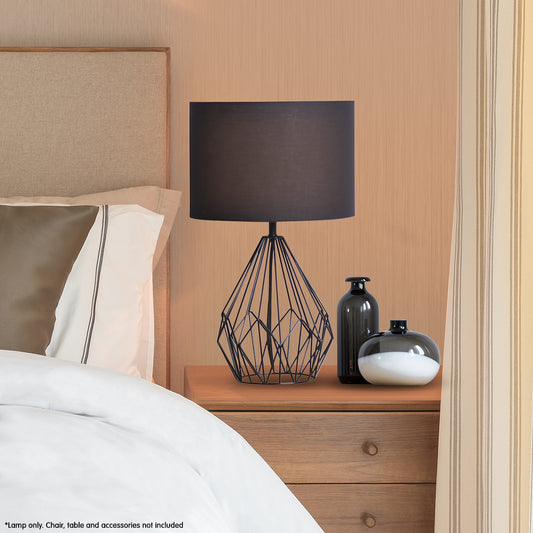 Black Metal Wire Table Lamp with Matching Drum Shade - Modern Design