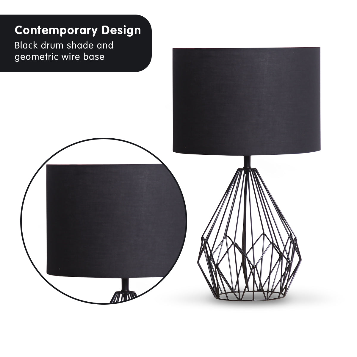 Black Metal Wire Table Lamp with Matching Drum Shade - Modern Design