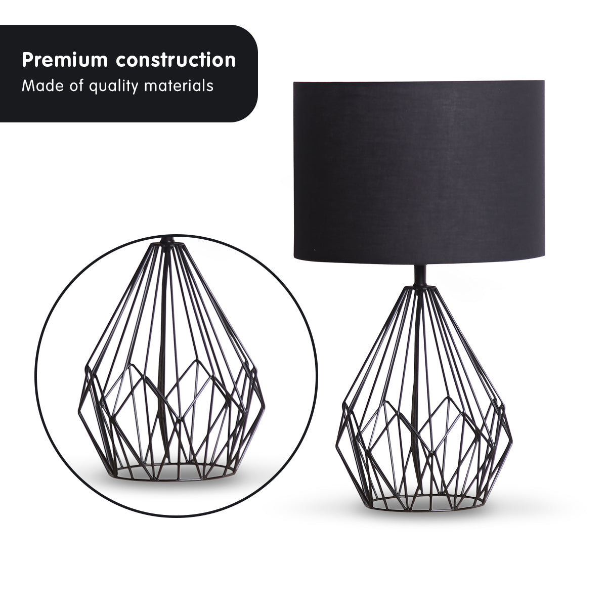 Black Metal Wire Table Lamp with Matching Drum Shade - Modern Design