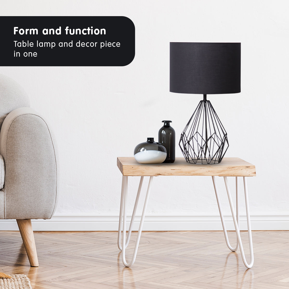 Black Metal Wire Table Lamp with Matching Drum Shade - Modern Design