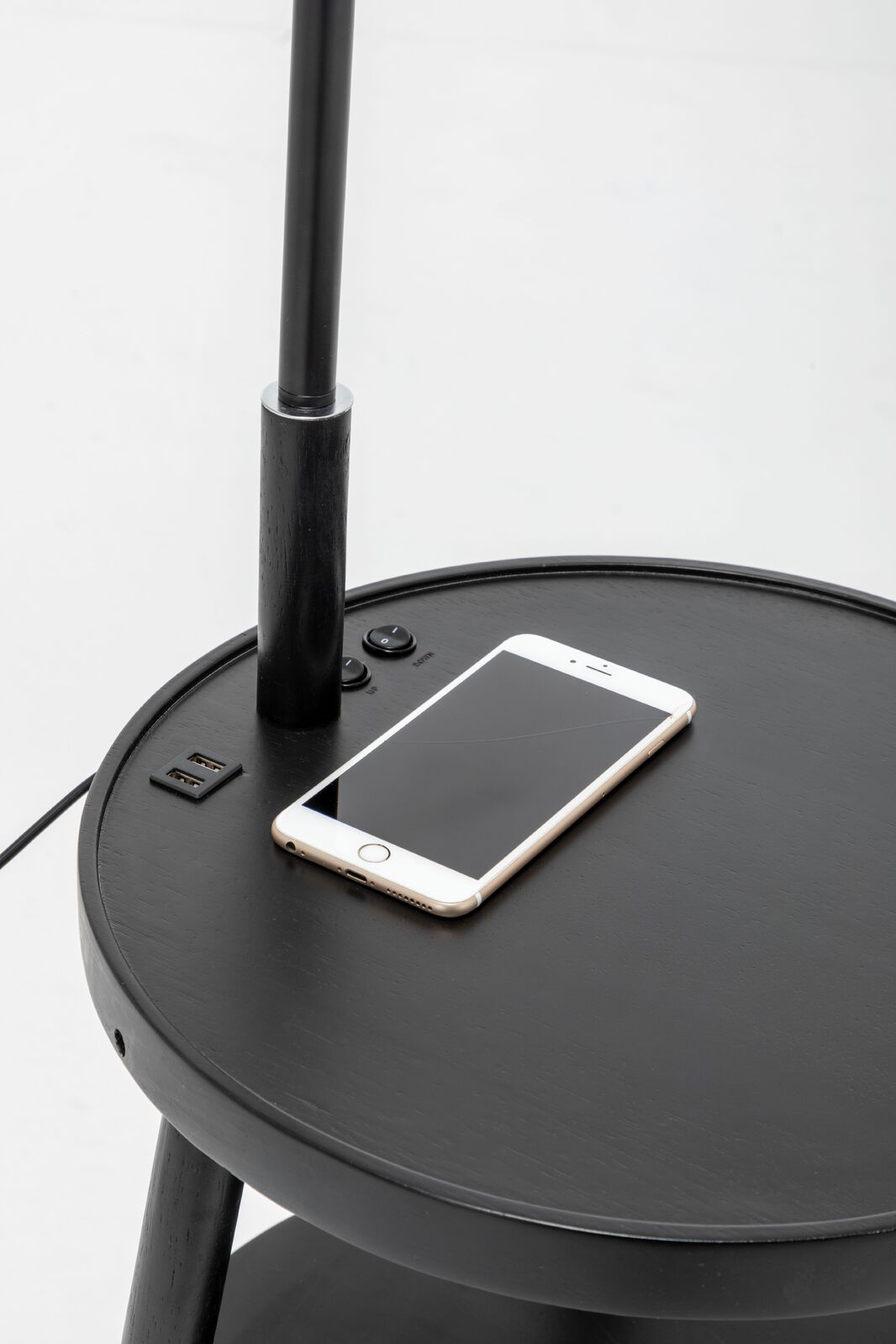 Tripod Table Lamp with Shelf, USB Charger, and Fabric Shade - Black