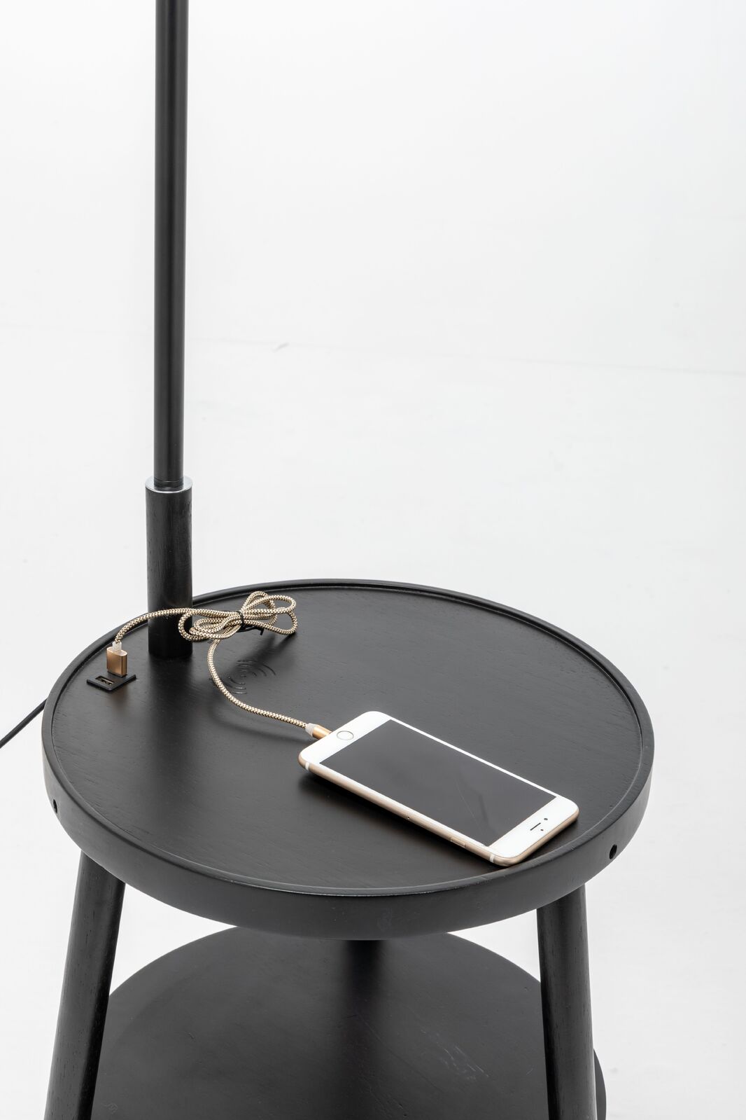 Tripod Table Lamp with Shelf, USB Charger, and Fabric Shade - Black