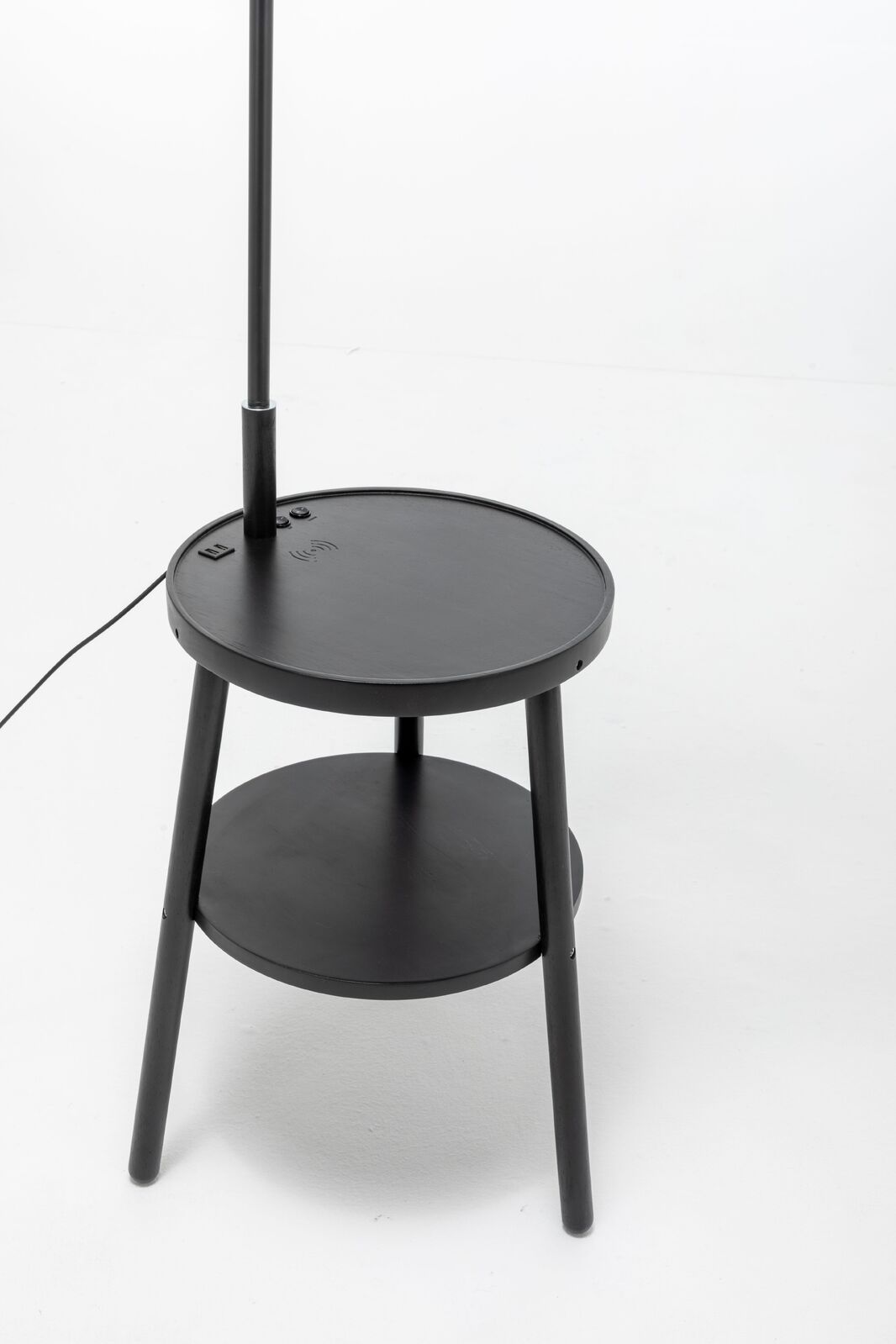Tripod Table Lamp with Shelf, USB Charger, and Fabric Shade - Black
