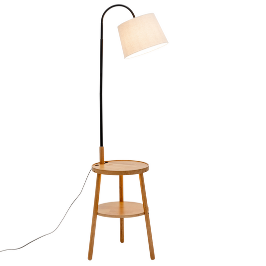 Tripod Table Lamp with Shelf, USB Charger, and Fabric Shade - Natural Wood