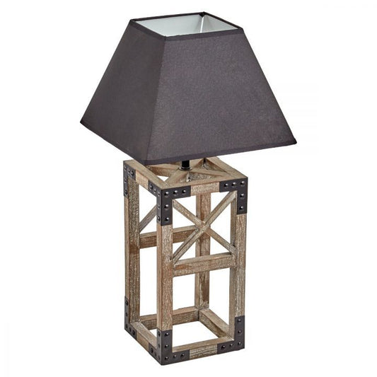 Rustic Wood Table Lamp with Metal Accents and Black Square Shade
