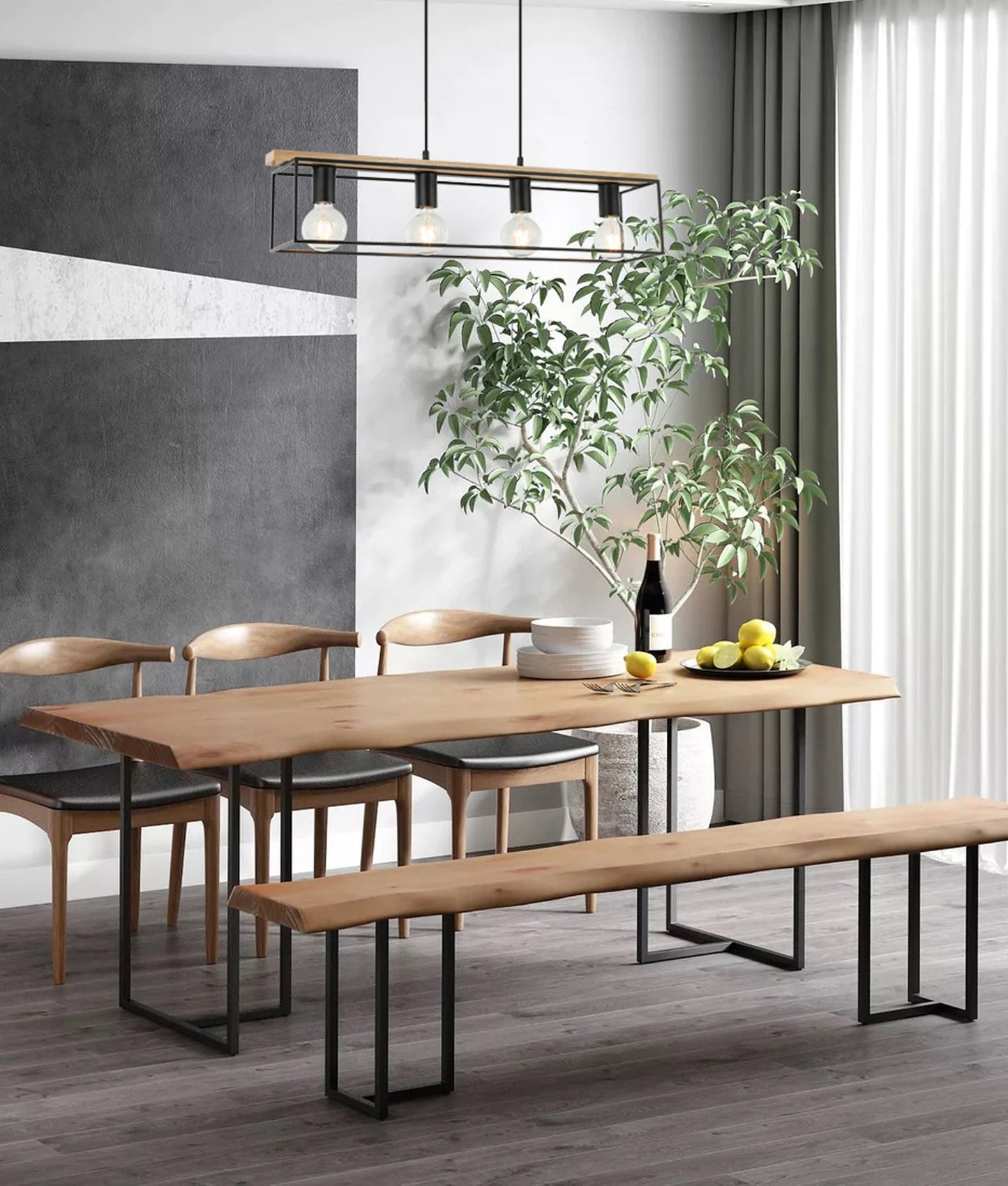 Rectangular Frame Wood with Black Hardware Pendant Light