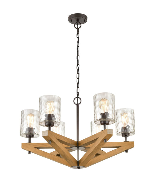Candelabra Oak Wood with Clear Blown Dimpled Glass Pendant Light